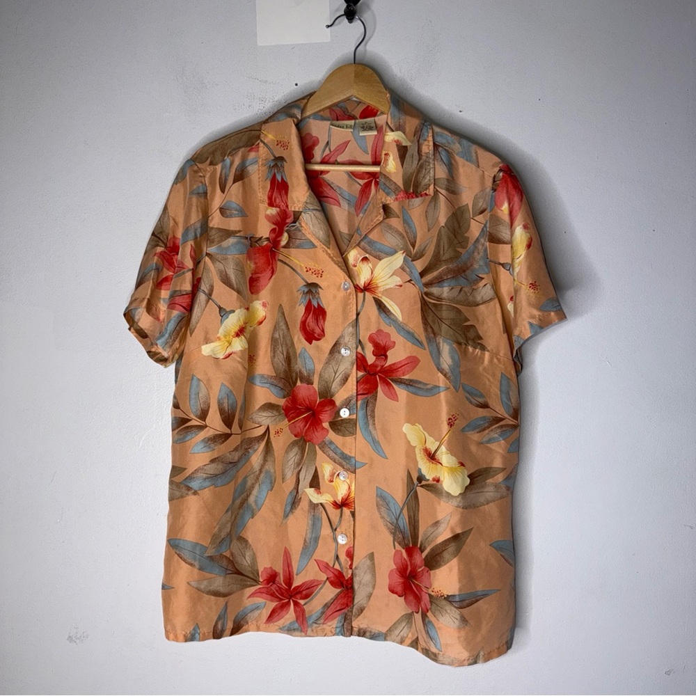 Linden Hill Shirt Womens Size 0X Orange Blue Floral Button Vtg Tropical Silk